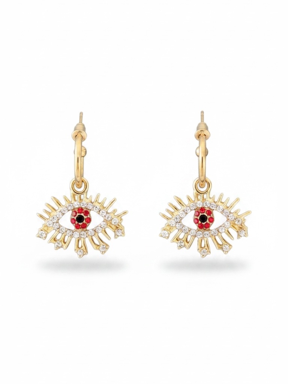 Gold Evil Eye Red Rhinestone Dangling 1.25" Gold Hoop Earring Protection Boho